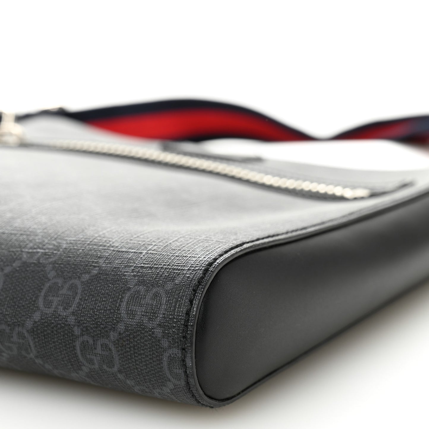 GG Supreme Monogram Appia Calfskin Web Flat Messenger Bag Black Grey