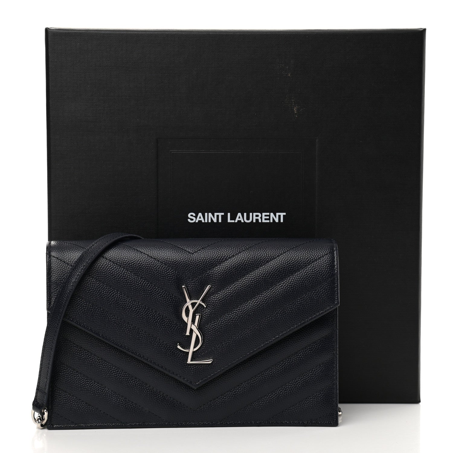 Saint Laurent Grain De Poudre Matelasse Chevron Monogram Envelope Chain Wallet Navy 10 of 10