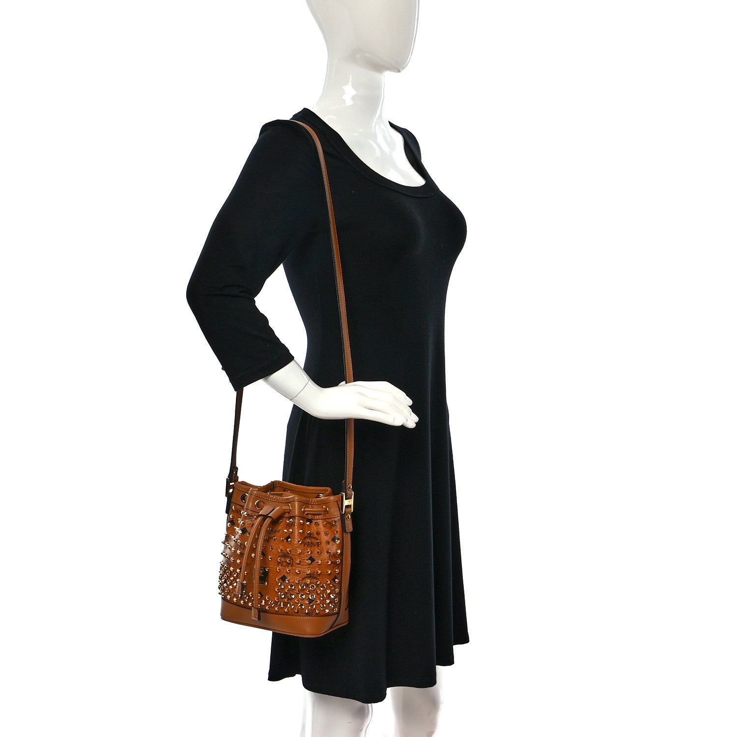 MCM Visetos Swarovski Crystal Studded Mini Drawstring Bucket Bag Cognac 2 of 11