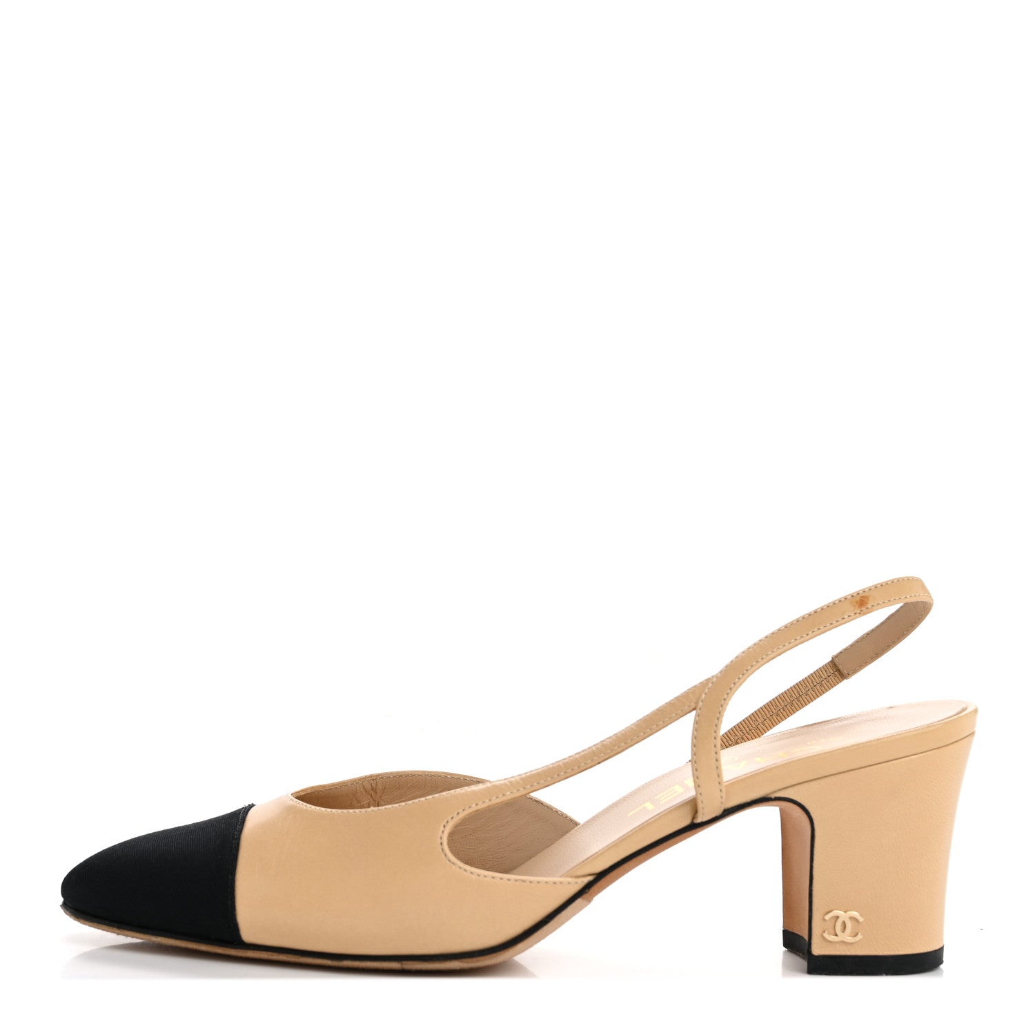 Chanel Goatskin Grosgrain Cap Toe CC Slingback Pumps 38.5 Beige Black 1 of 13
