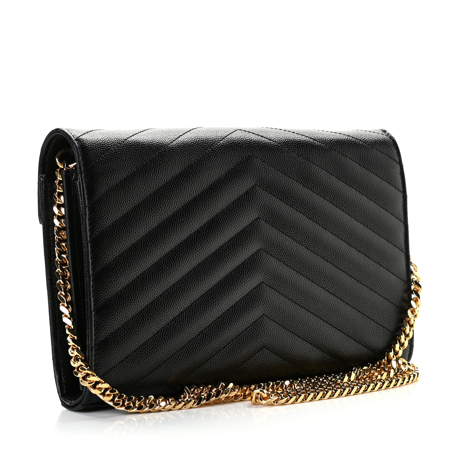 Saint Laurent Grain De Poudre Matelasse Chevron Monogram Chain Wallet Black 3 of 11