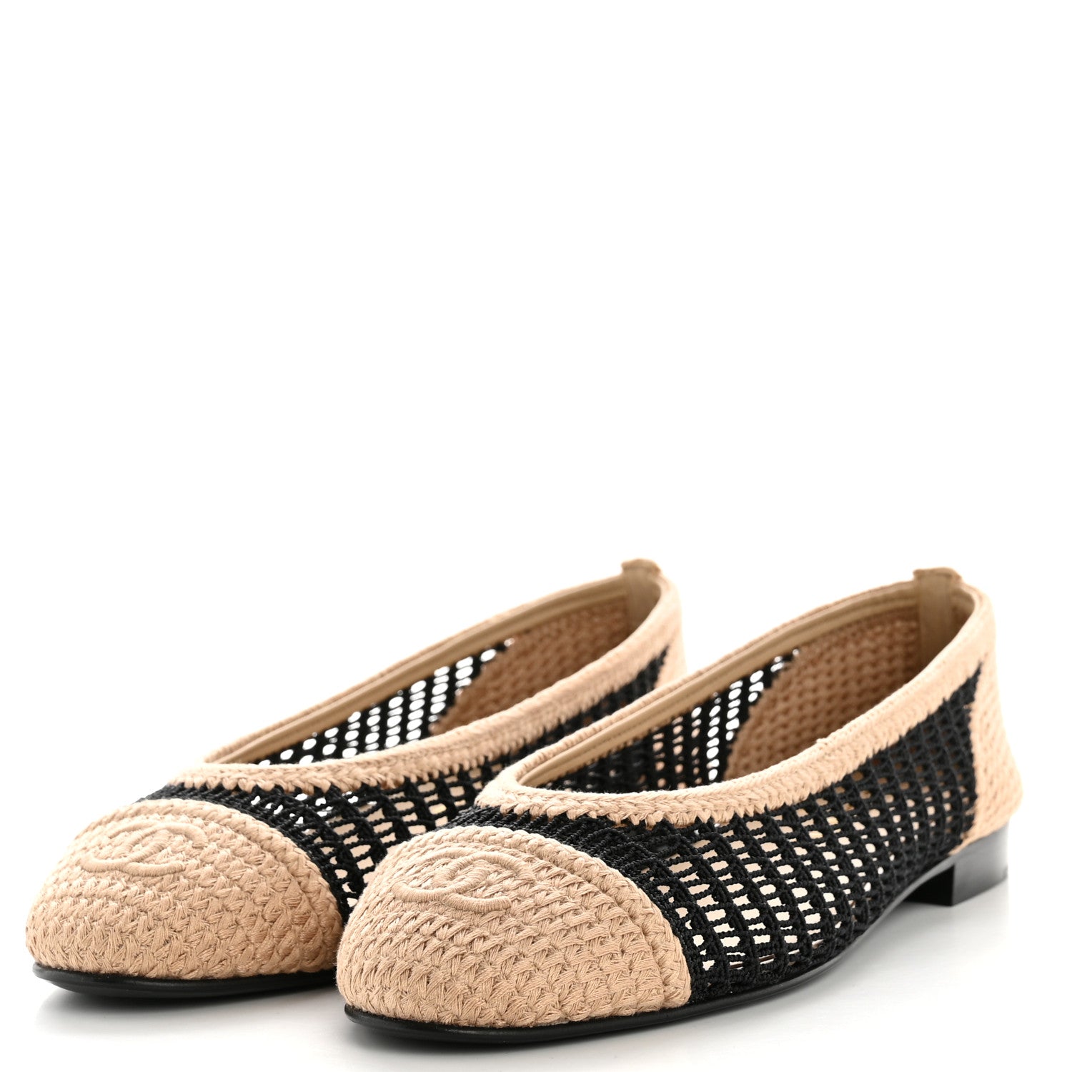 CHANEL トゥキャップフラットシューズ ベージュ/黒 Chanel Raffia Cap Toe Ballerina Flats 40 Black Beige 1849055