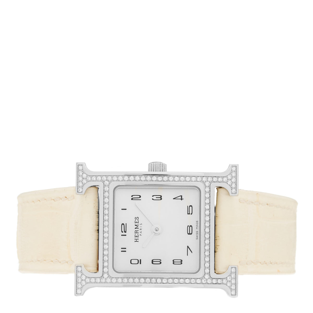 Stainless Steel Alligator Diamond Bezel Mother of Pearl 21mm Heure H Hour Quartz Watch Blanc