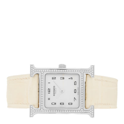 Hermes Stainless Steel Alligator Diamond Bezel Mother of Pearl 21mm Heure H Hour Quartz Watch Blanc 1 of 5