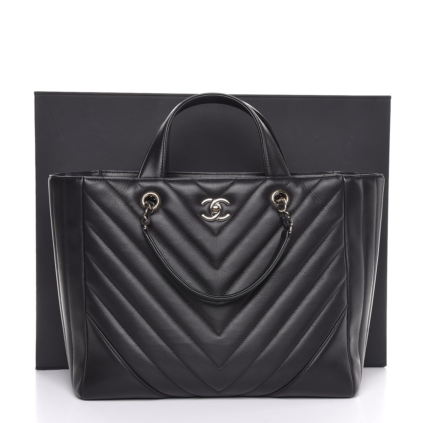 Calfskin Chevron Quilted Large Shopping Tote Black