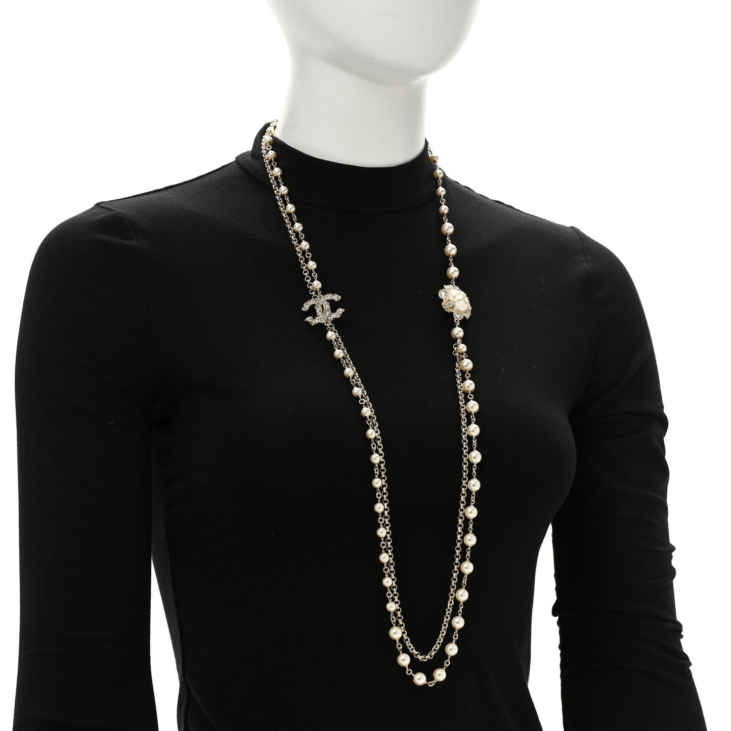 Pearl Crystal CC Camellia Express Long Necklace Gold