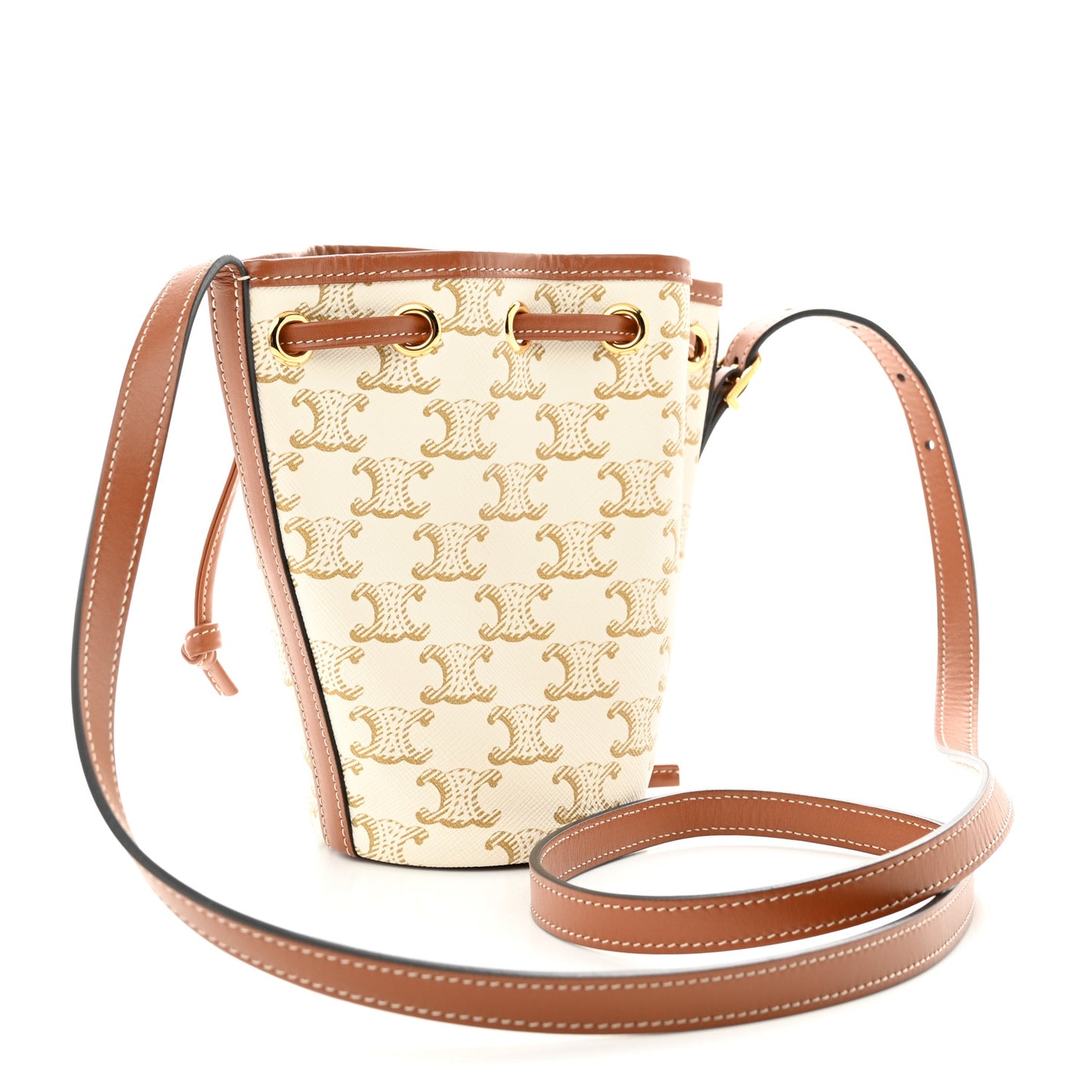 Triomphe Canvas Calfskin Micro Drawstring Bucket Bag White Tan