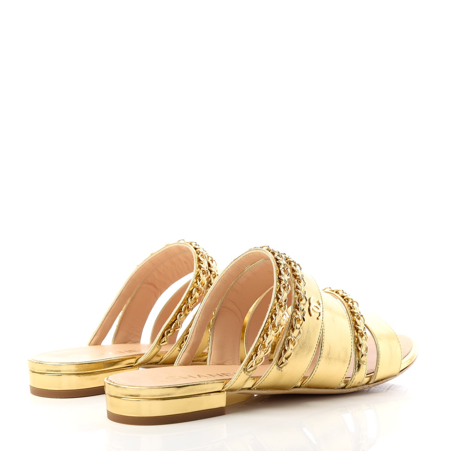 Chanel Metallic Lambskin Chain Mule Sandals 38.5 Gold 4 of 11
