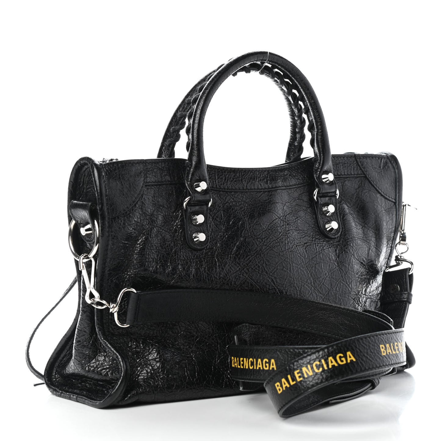 Agneau Classic Silver Hardware S City Logo Strap Black Jaune Soleil