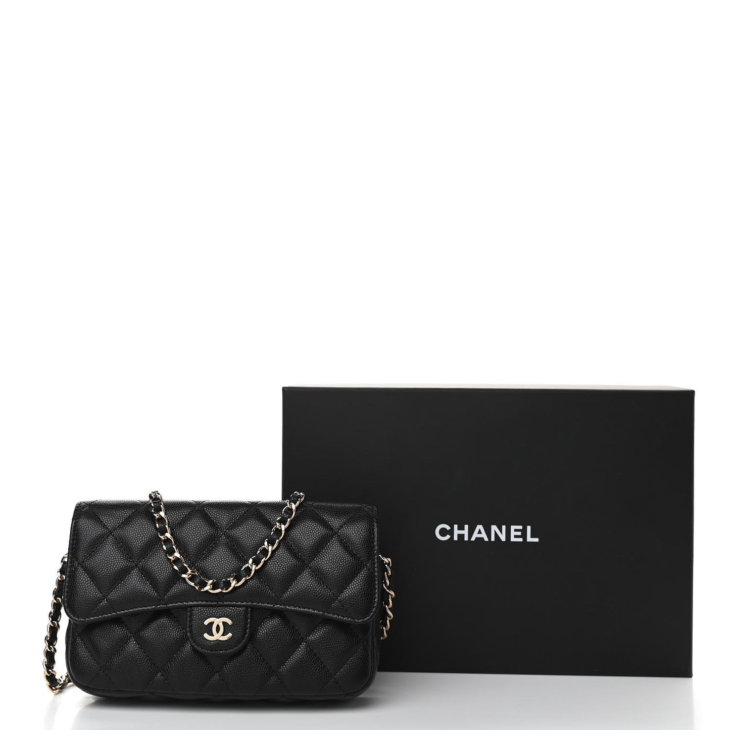 Caviar Quilted Flap Phone Holder With Chain Black