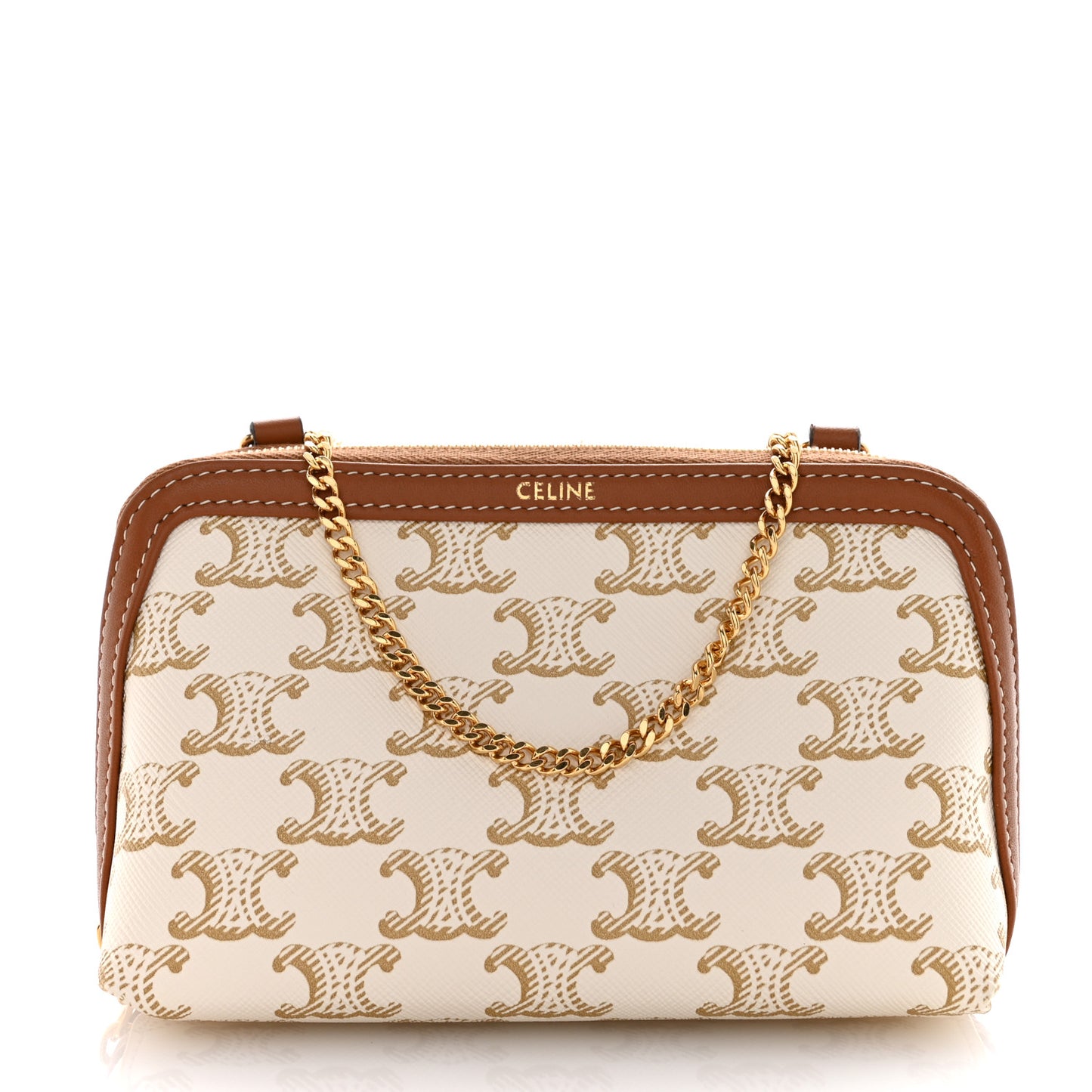 Lambskin Triomphe Canvas Clutch With Chain White Tan