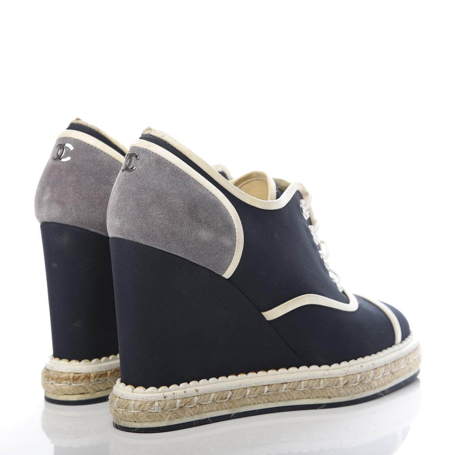 Chanel Raffia Lace Up Wedge Espadrilles 36 Grey Navy 4 of 12