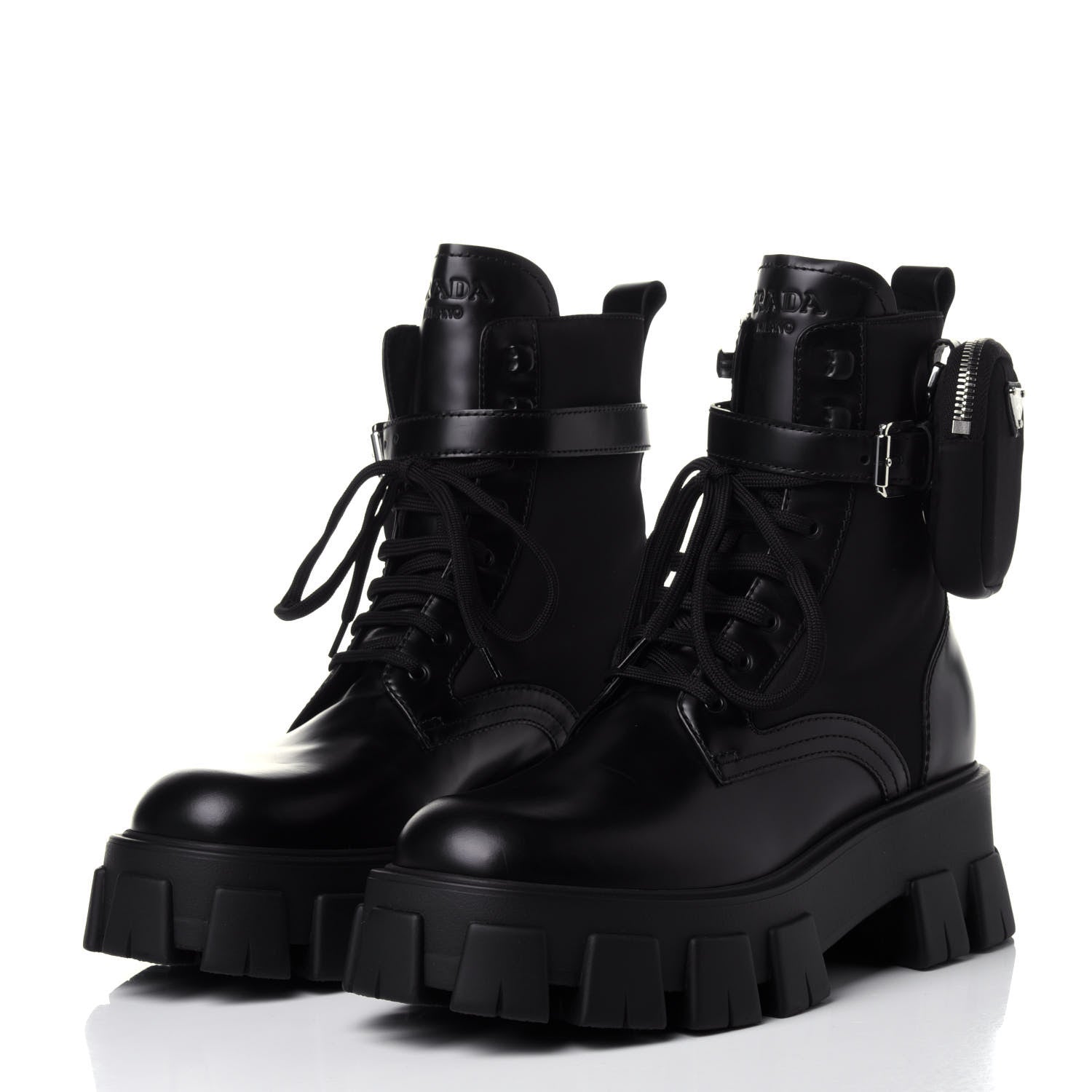 Prada Spazzolato Rois Nylon Metal Triangle Logo Monolith Pouch Pocket 55mm Boots 40 Black 3 of 11