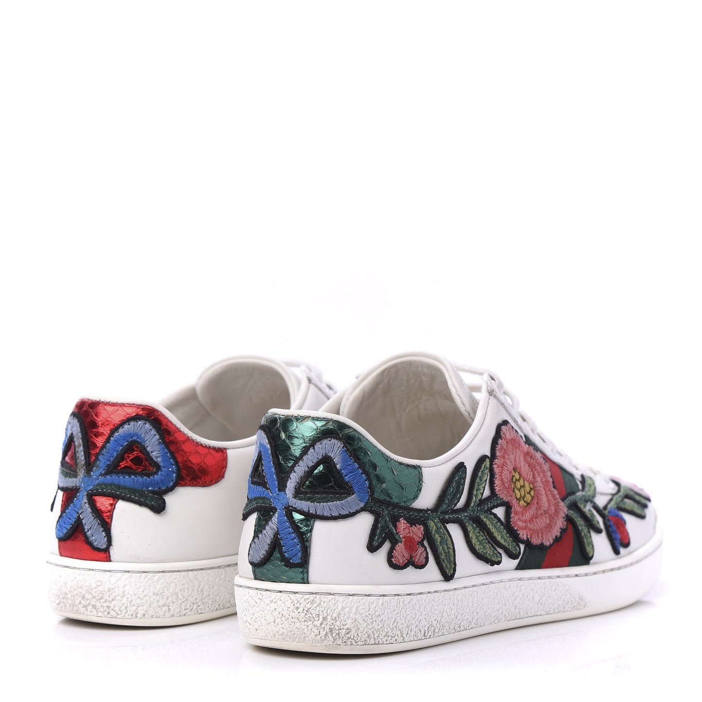 Calfskin Web Floral Embroidered Womens Ace Sneakers 36 White