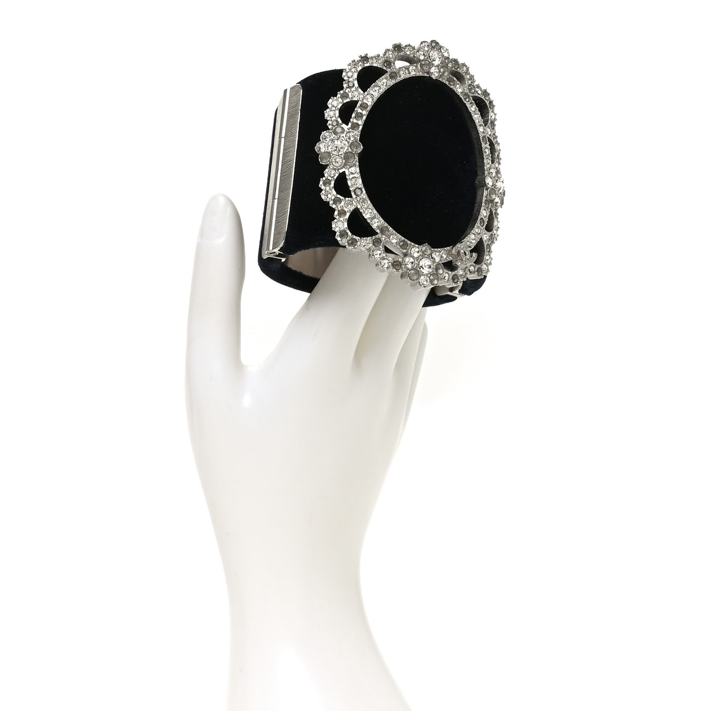 Metal Velvet Crystal Flower CC Wide Cuff Bracelet Silver Black