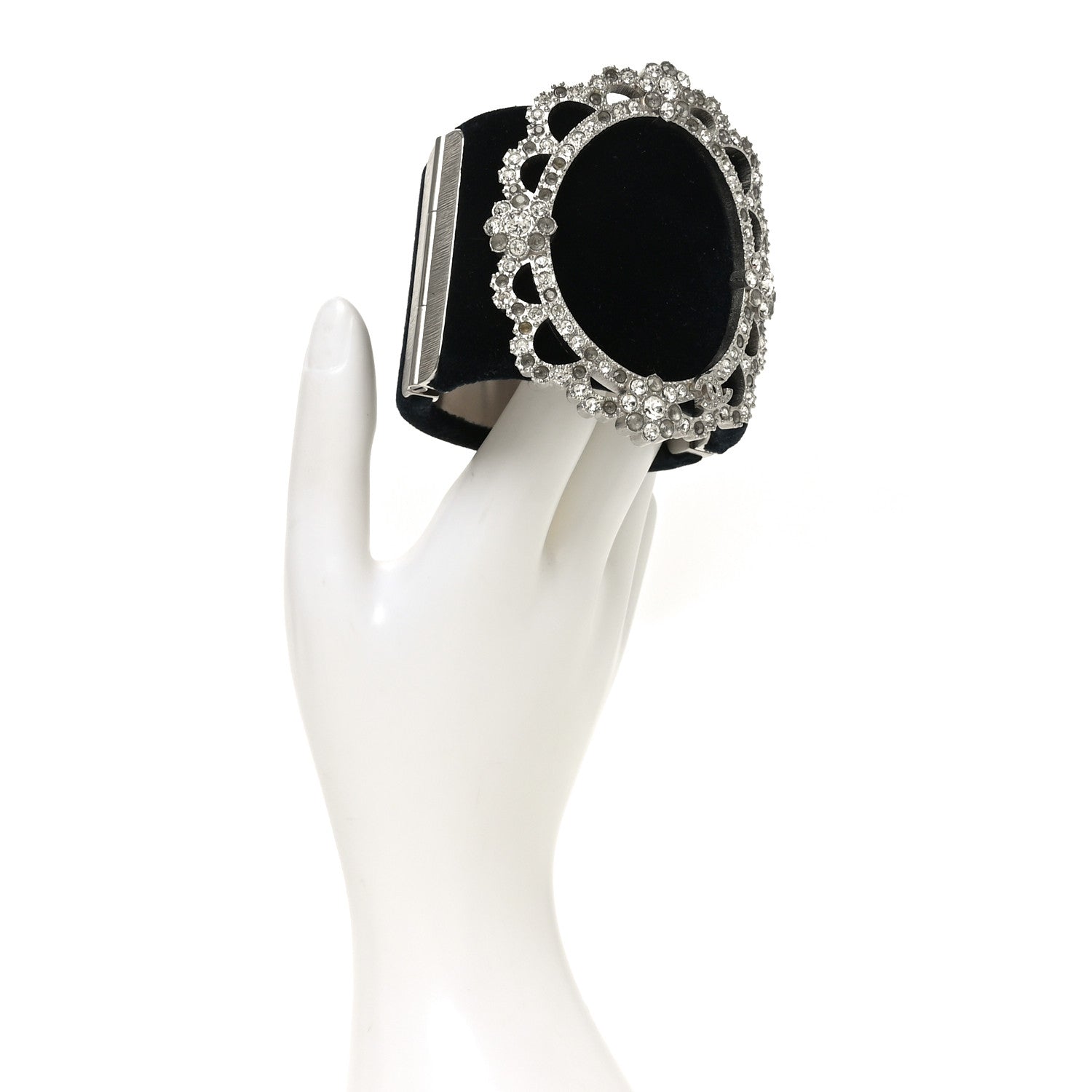 Chanel Metal Velvet Crystal Flower CC Wide Cuff Bracelet Silver Black 2 of 5
