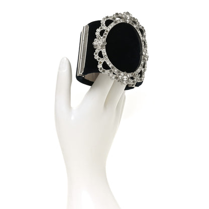 Chanel Metal Velvet Crystal Flower CC Wide Cuff Bracelet Silver Black 2 of 5
