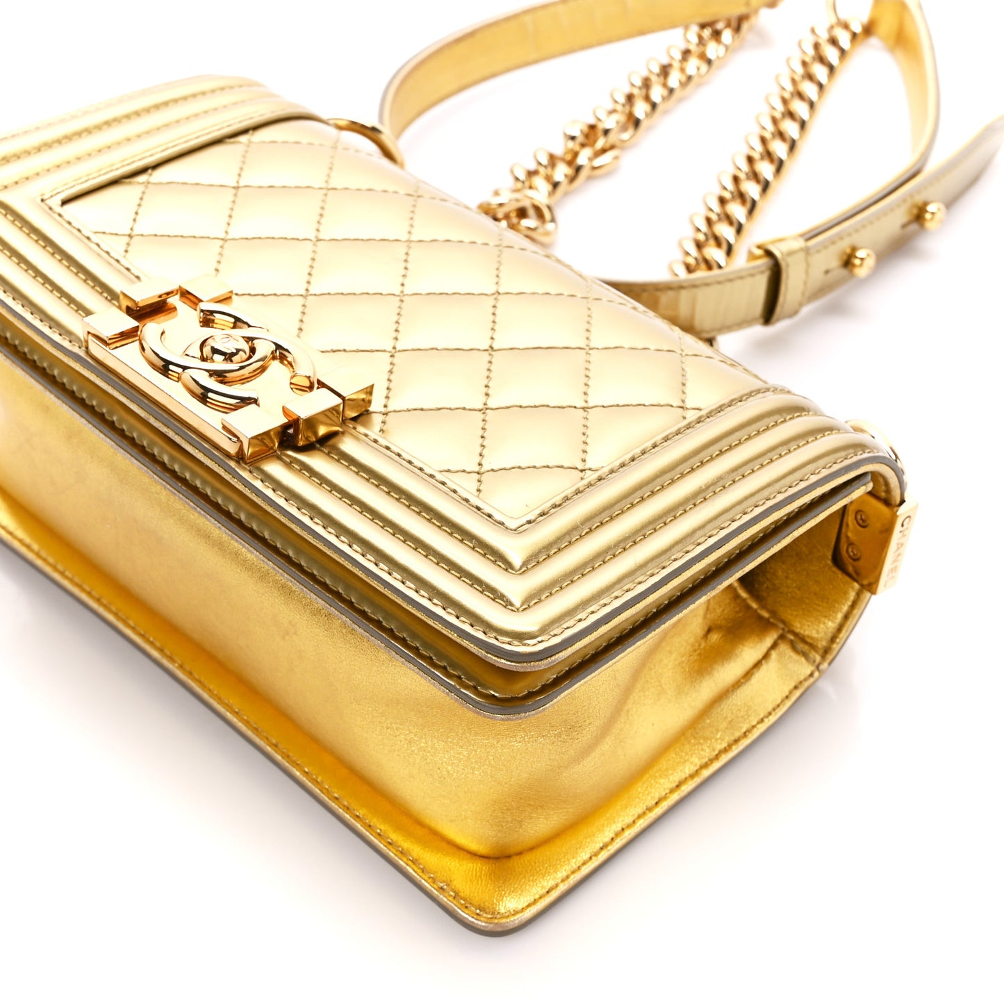 Metallic Patent Calfskin Quilted Small Boy Flap Gold