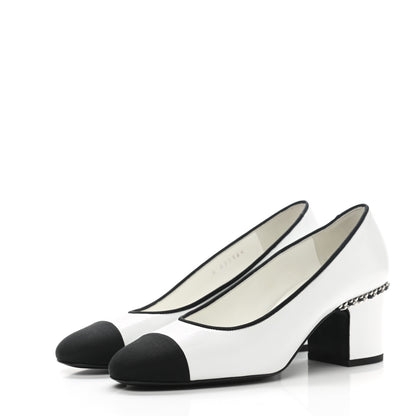 Chanel Laminated Lambskin Grosgrain Chain CC Cap Toe Pumps 37.5 White Black 3 of 10