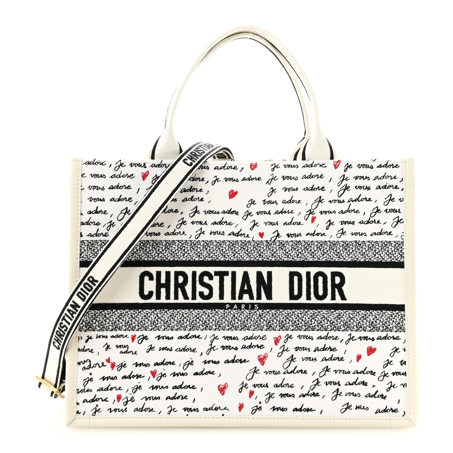 Calfskin Canvas Embroidered Medium Dioramour Je Vous Adore Book Tote With Strap White Black Red