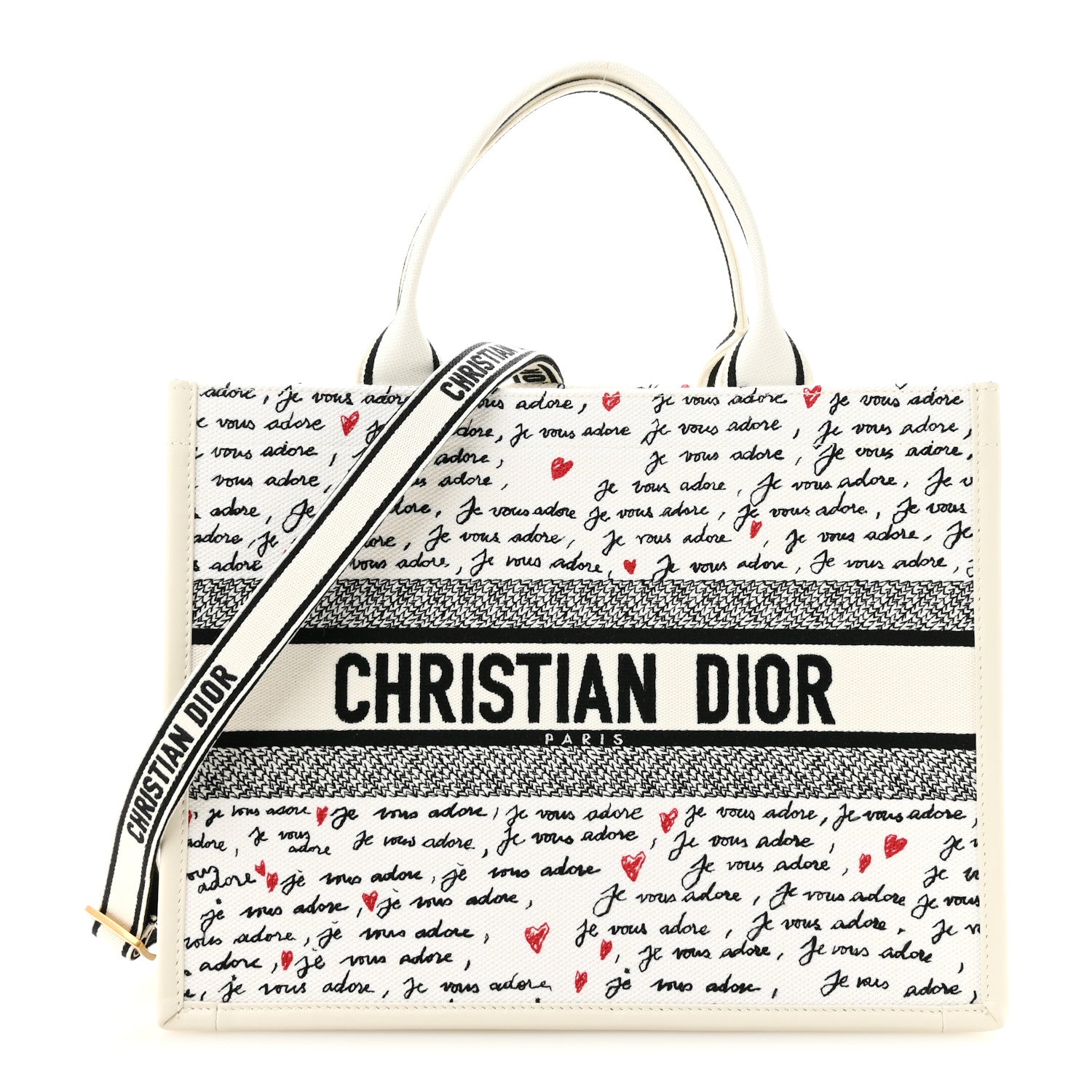 Christian Dior Calfskin Canvas Embroidered Medium Dioramour Je Vous Adore Book Tote With Strap White Black Red 1 of 10