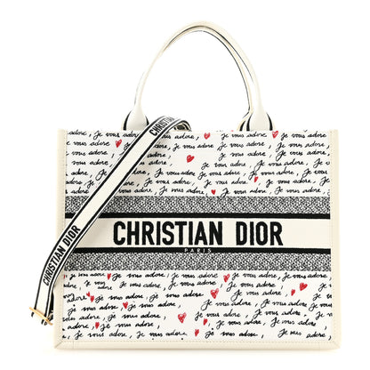 Christian Dior Calfskin Canvas Embroidered Medium Dioramour Je Vous Adore Book Tote With Strap White Black Red 1 of 10