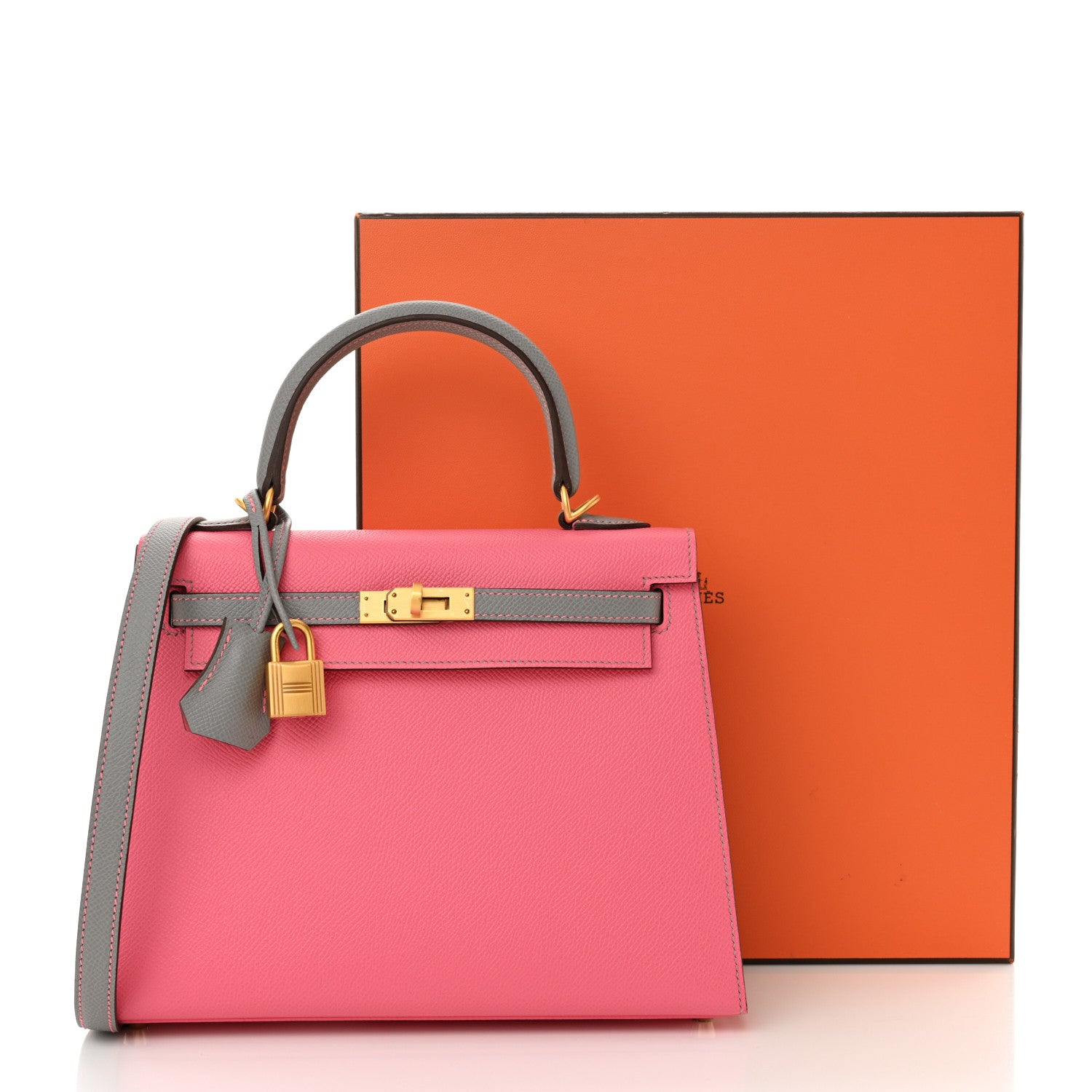 Hermes Epsom Bi-Color Horseshoe Kelly Sellier 25 Rose Azalee Gris Mouette 11 of 11