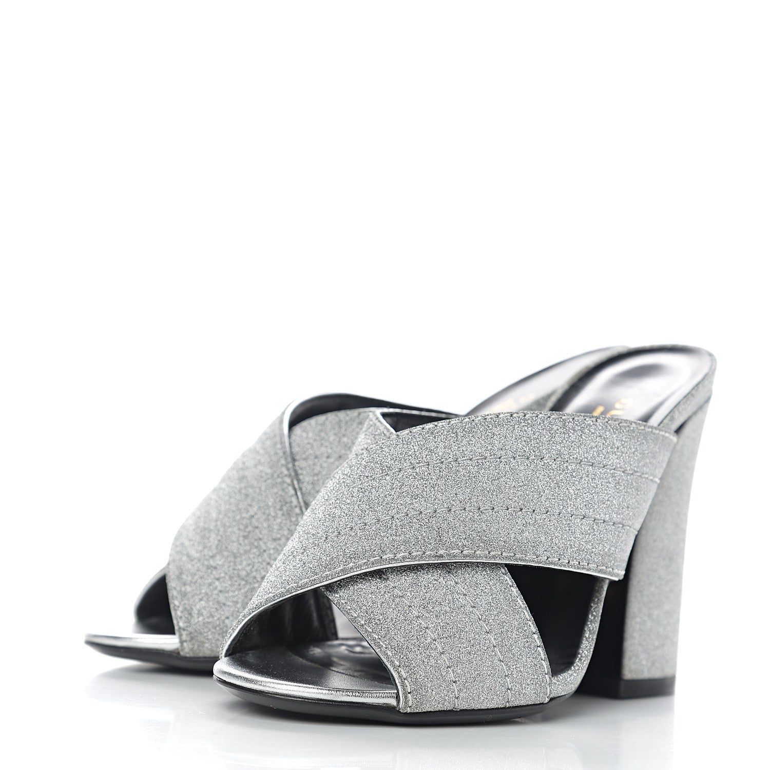 Gucci Glitter Fabric Webby Crossover High Heel Slide Sandals 35.5 Argento 3 of 8