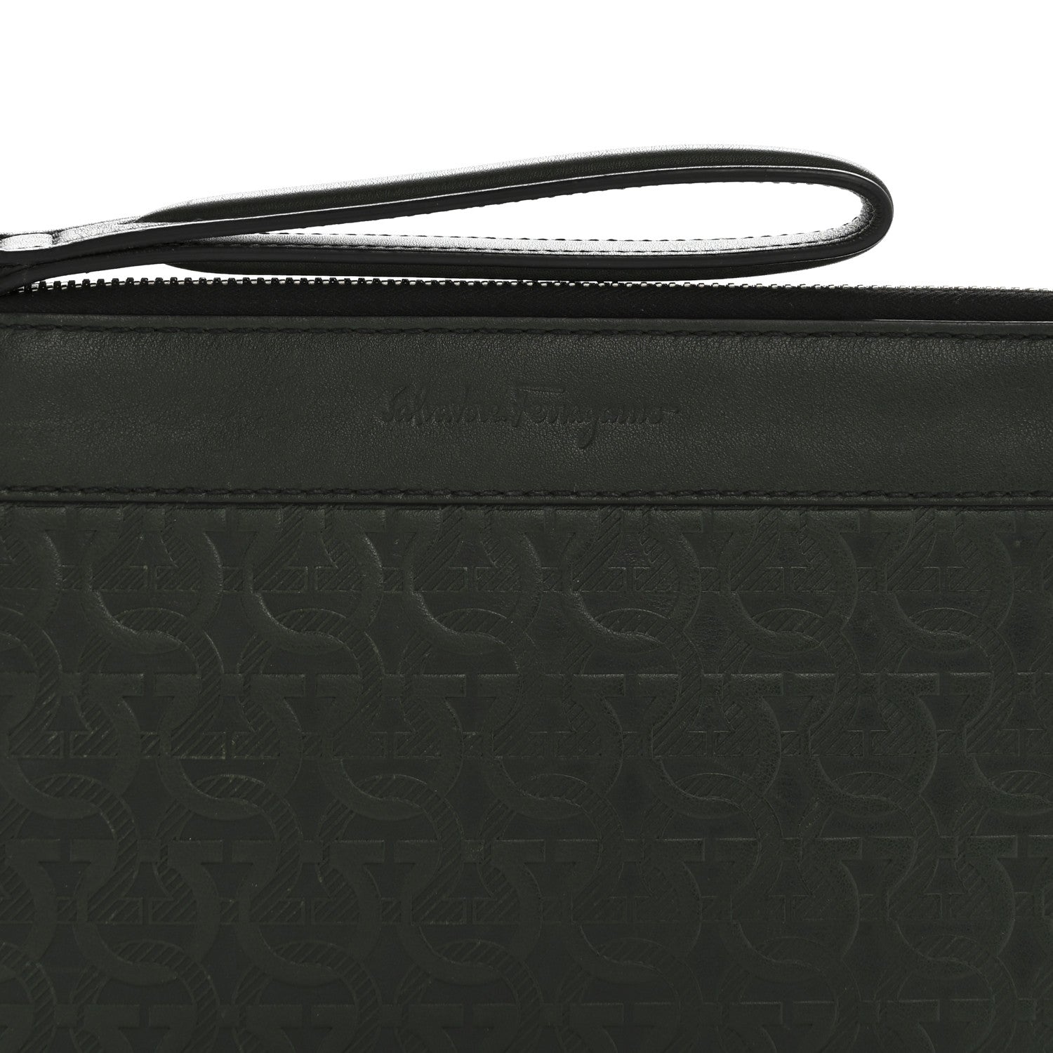 Salvatore Ferragamo Calfskin Gancini Embossed Wristlet Clutch Dark Green 8 of 13