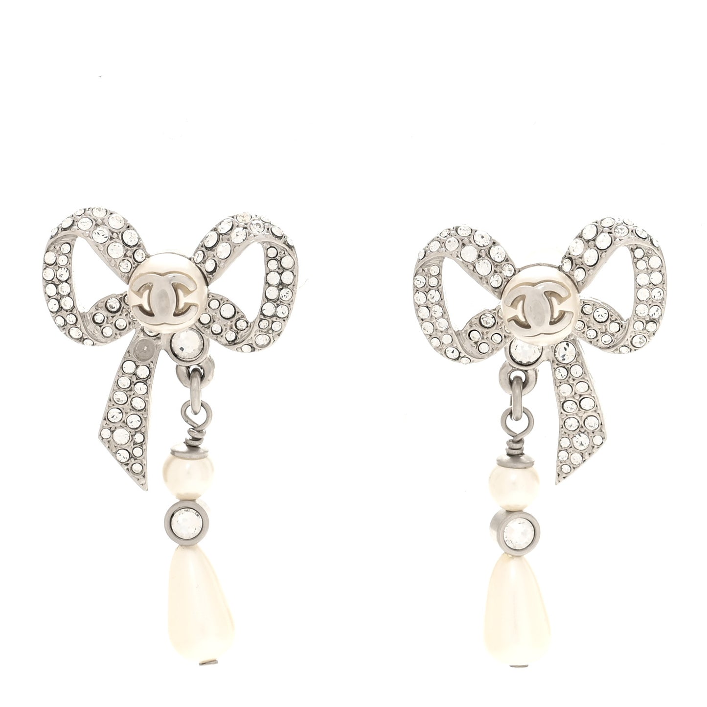 Crystal Pearl Bow CC Earrings Silver