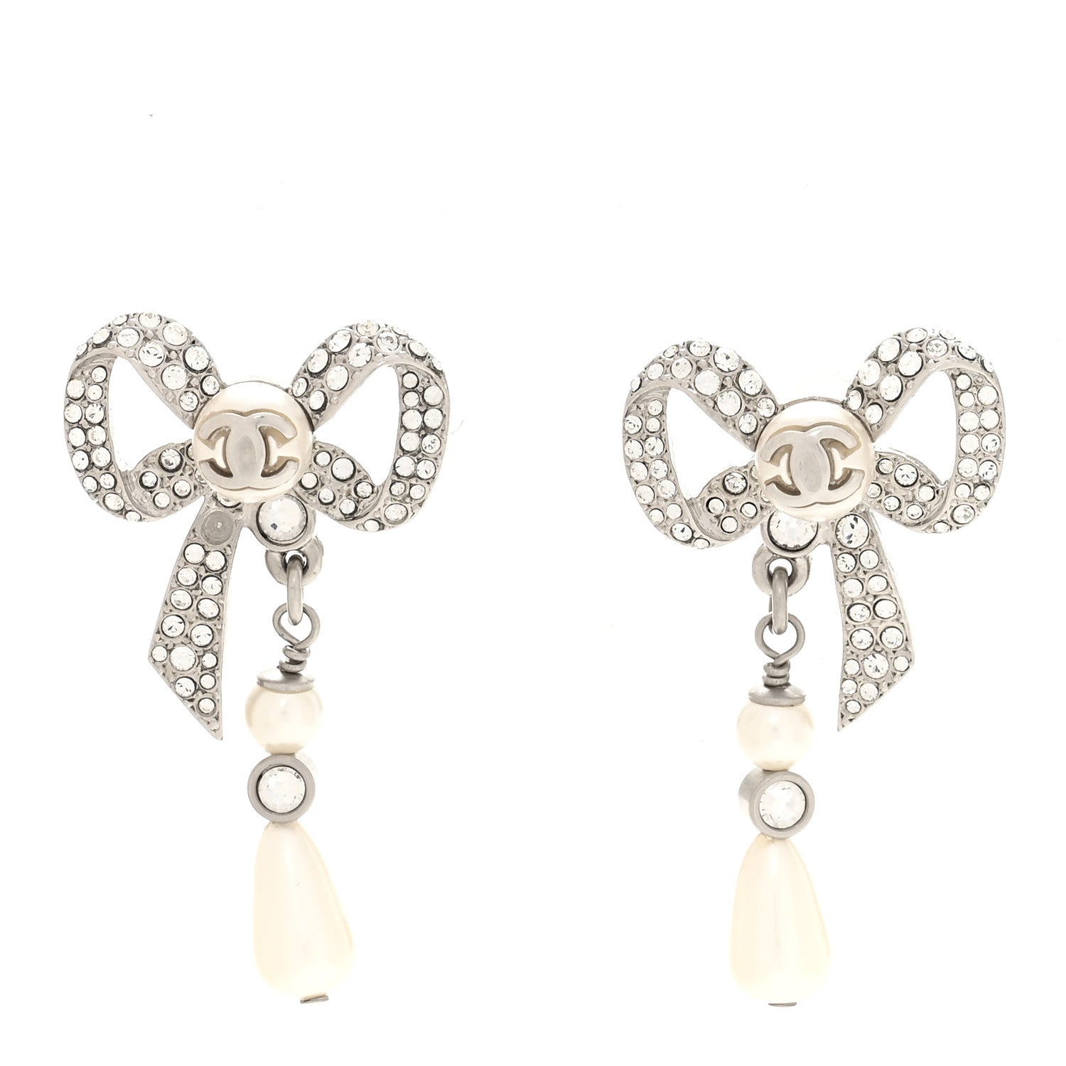 Chanel Crystal Pearl Bow CC Earrings Silver 1 of 4