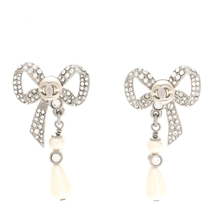 Chanel Crystal Pearl Bow CC Earrings Silver 1 of 4