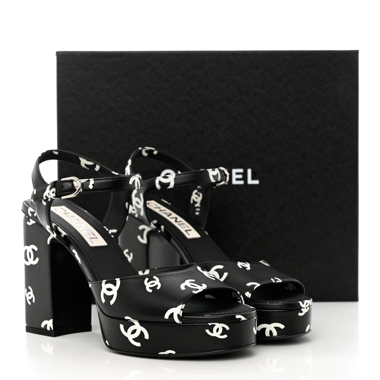Printed Lambskin CC Platform Sandals 38 Black White