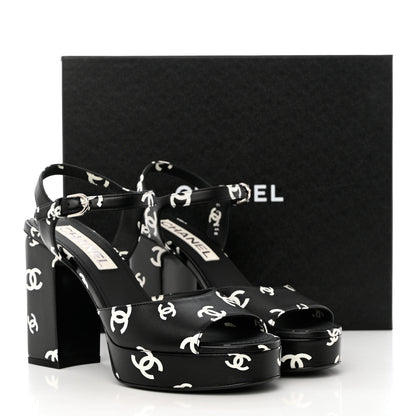 Chanel Printed Lambskin CC Platform Sandals 38 Black White 9 of 9