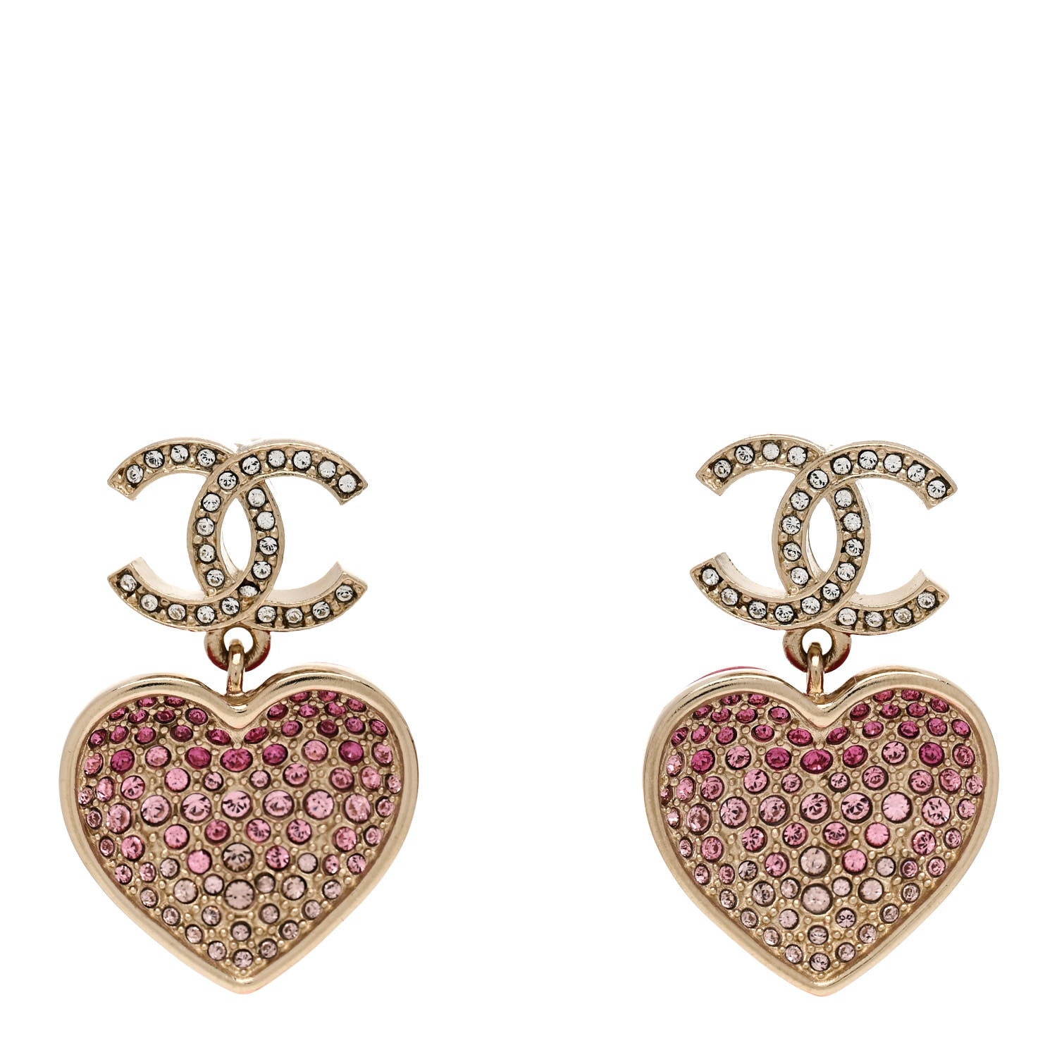 Chanel Crystal CC Resin Heart Drop Earrings Pink Gold 1 of 5