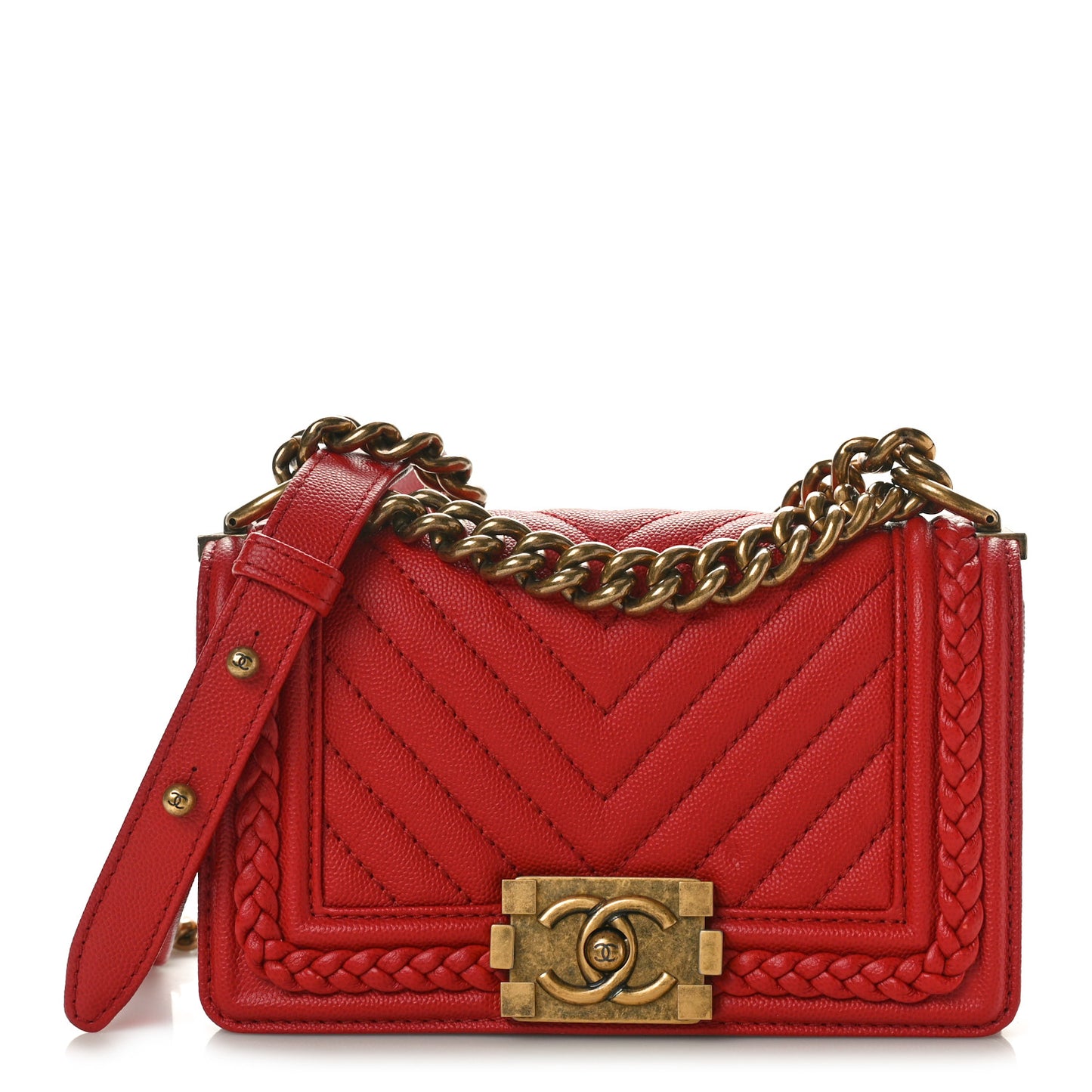 Caviar Chevron Quilted Braided Small Boy Flap Red