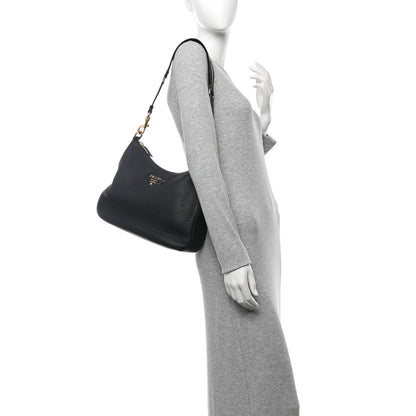 Prada Vitello Daino Soft Zippered Messenger Hobo Black 2 of 11
