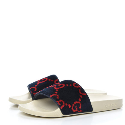 Gucci Terry Cloth GG Monogram Slide Sandals 38 Blue Red 3 of 8