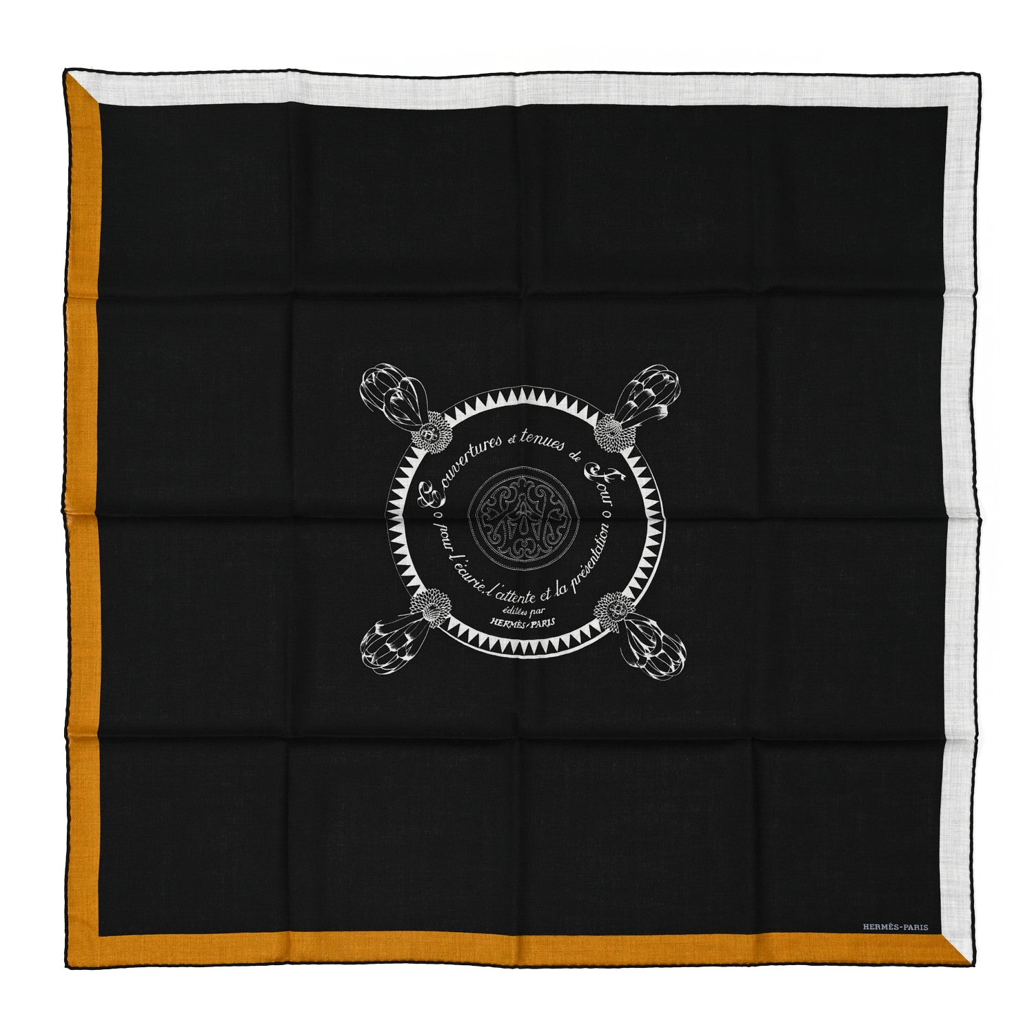 Hermes Cashmere Silk Encadre Blason Scarf 90 Black Gris Clair 1 of 4