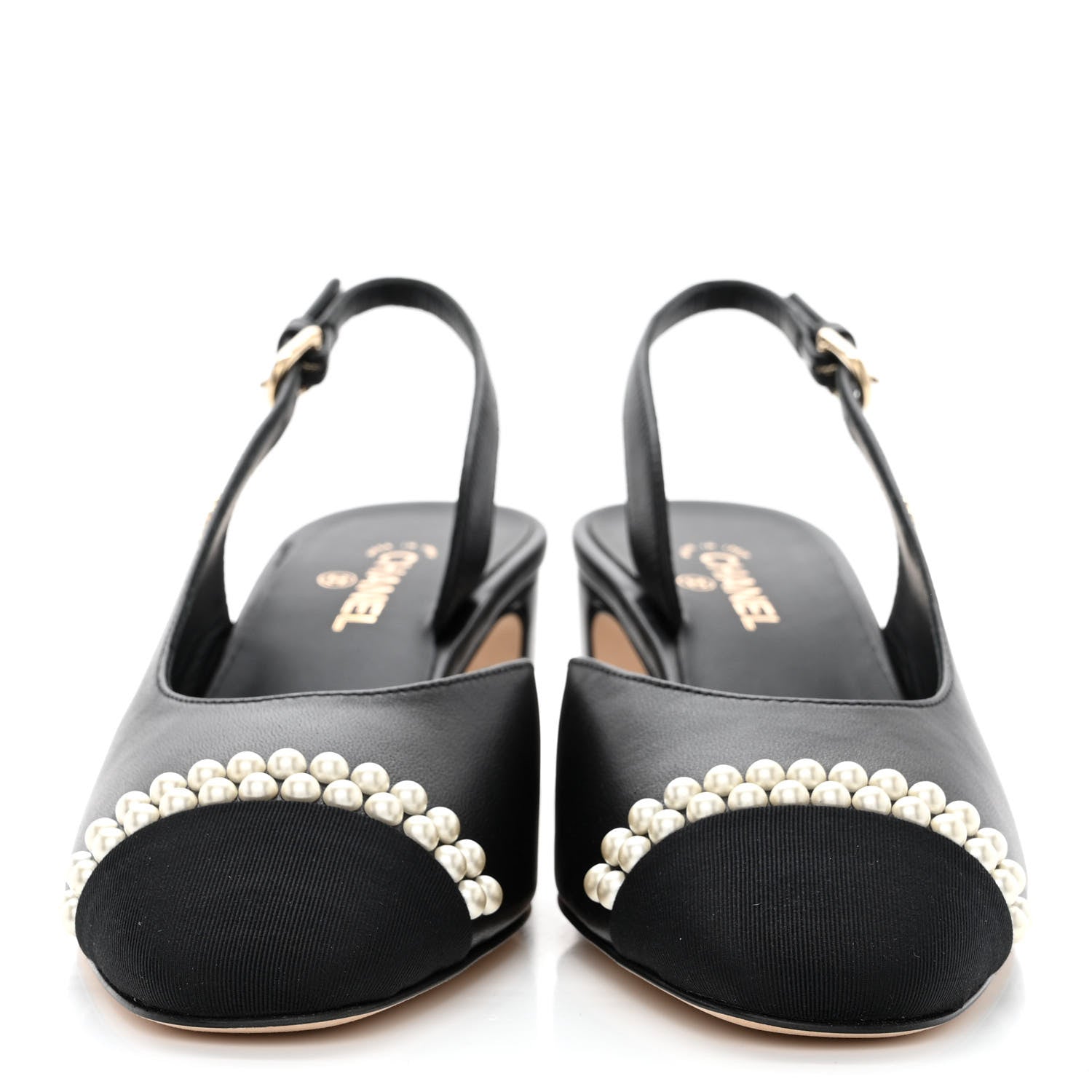 Chanel Lambskin Grosgrain Pearl Cap Toe CC Slingback Pumps 36 Black 2 of 9