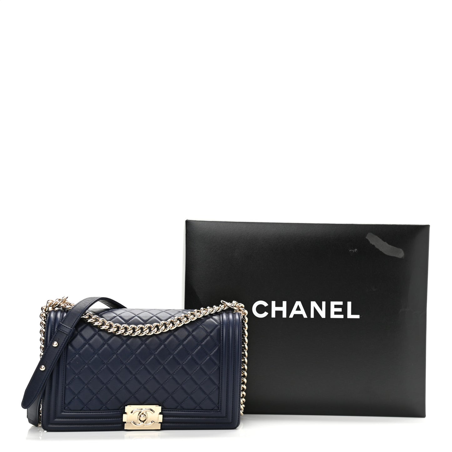 Lambskin Quilted New Medium Boy Flap Navy Blue