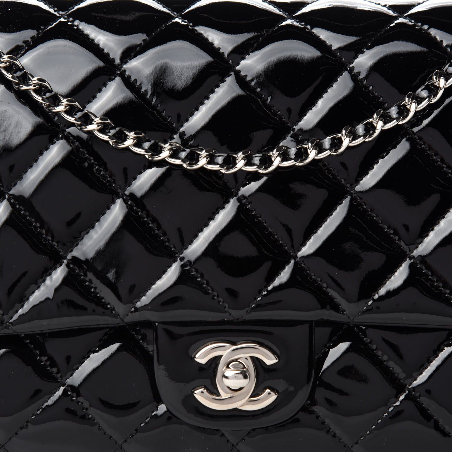 Patent Quilted Clutch with Chain Flap Black