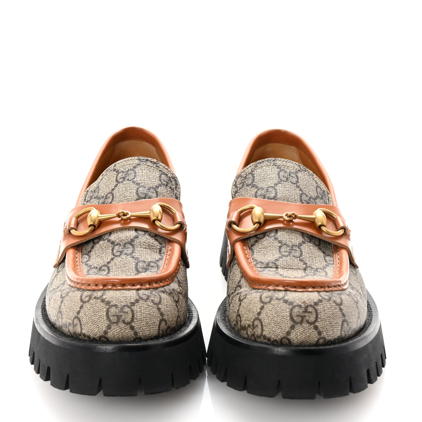 GG Supreme Monogram Cordovan Lux Womens Harald Horsebit 25mm Platform Loafers 39.5 Beige Ebony