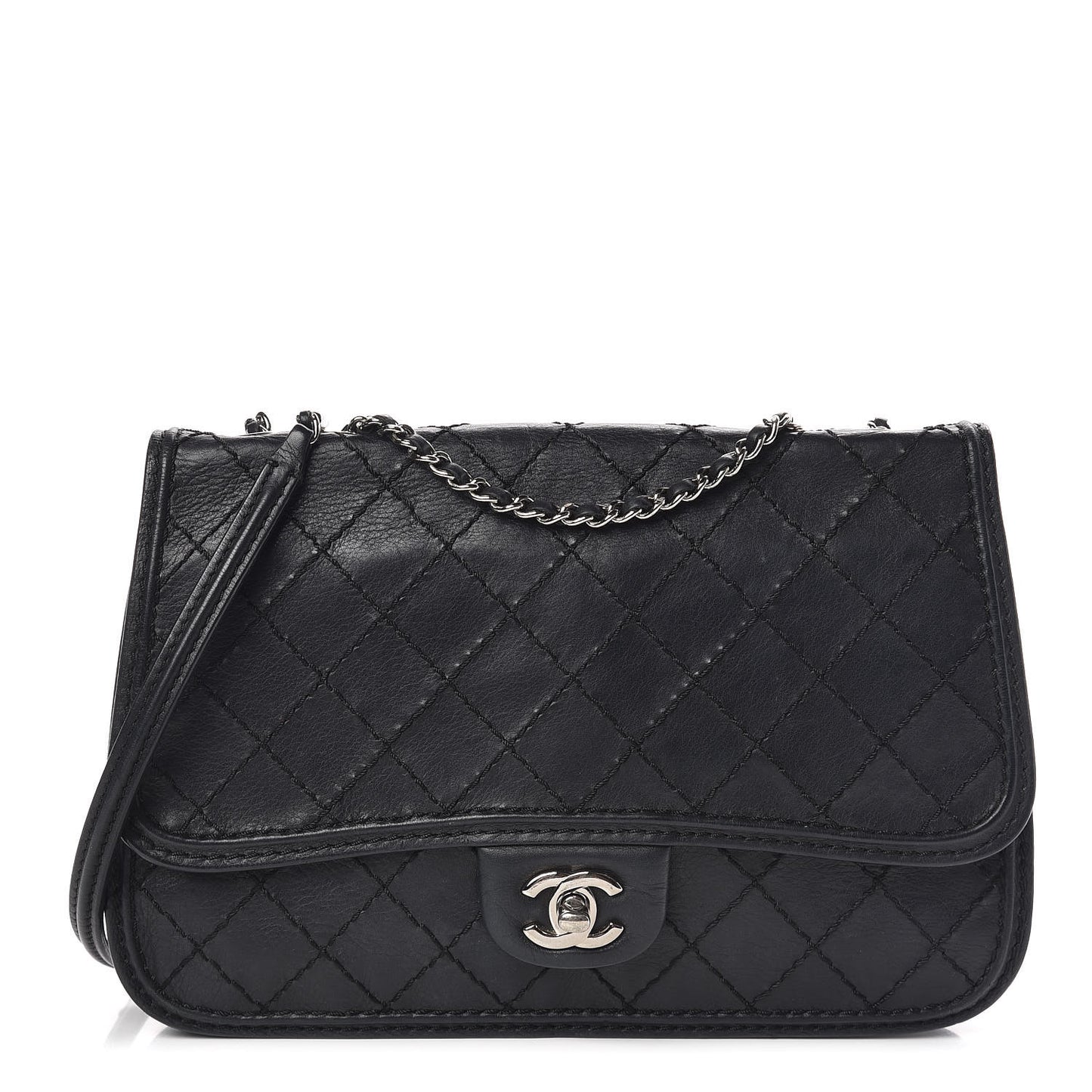 Calfskin Stitch Medium Flap Black