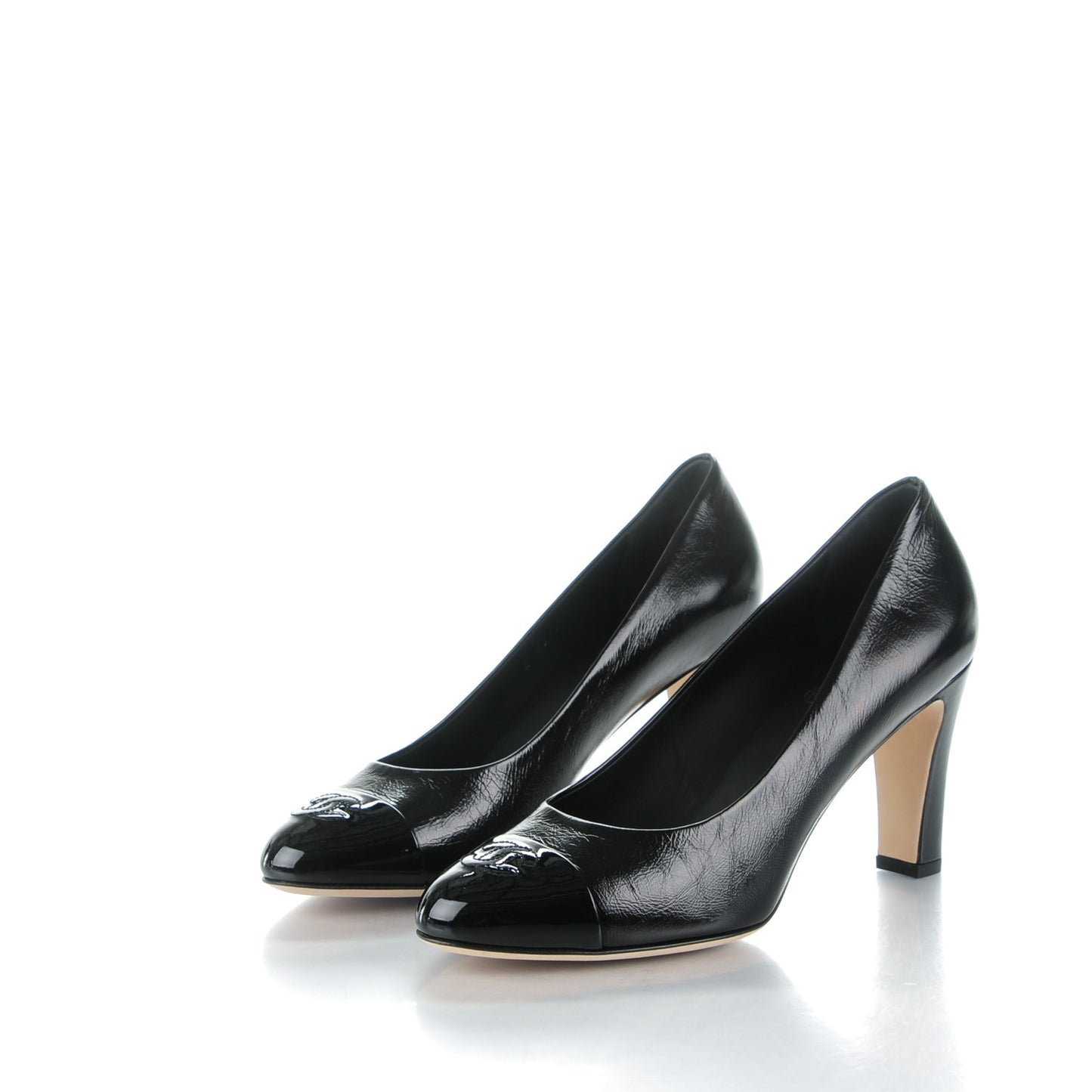 Crumpled Calfskin Patent Cap Toe CC Pumps 40 Black