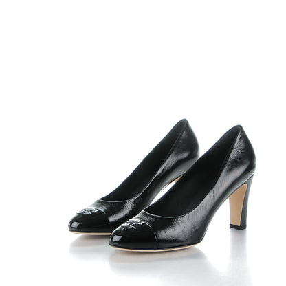 Chanel Crumpled Calfskin Patent Cap Toe CC Pumps 40 Black 3 of 7