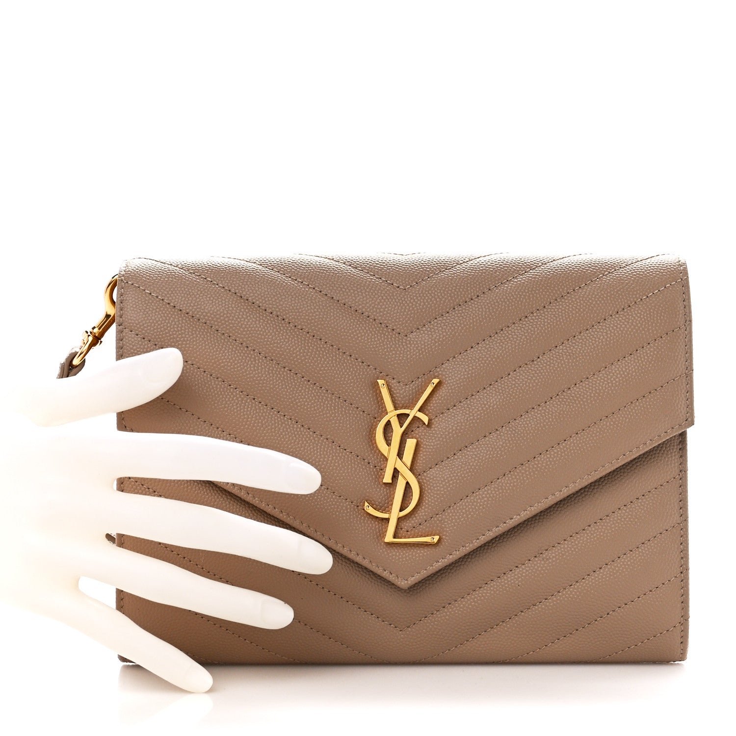 Saint Laurent Grain De Poudre Matelasse Chevron Monogram Envelope Clutch Dark Beige 2 of 11