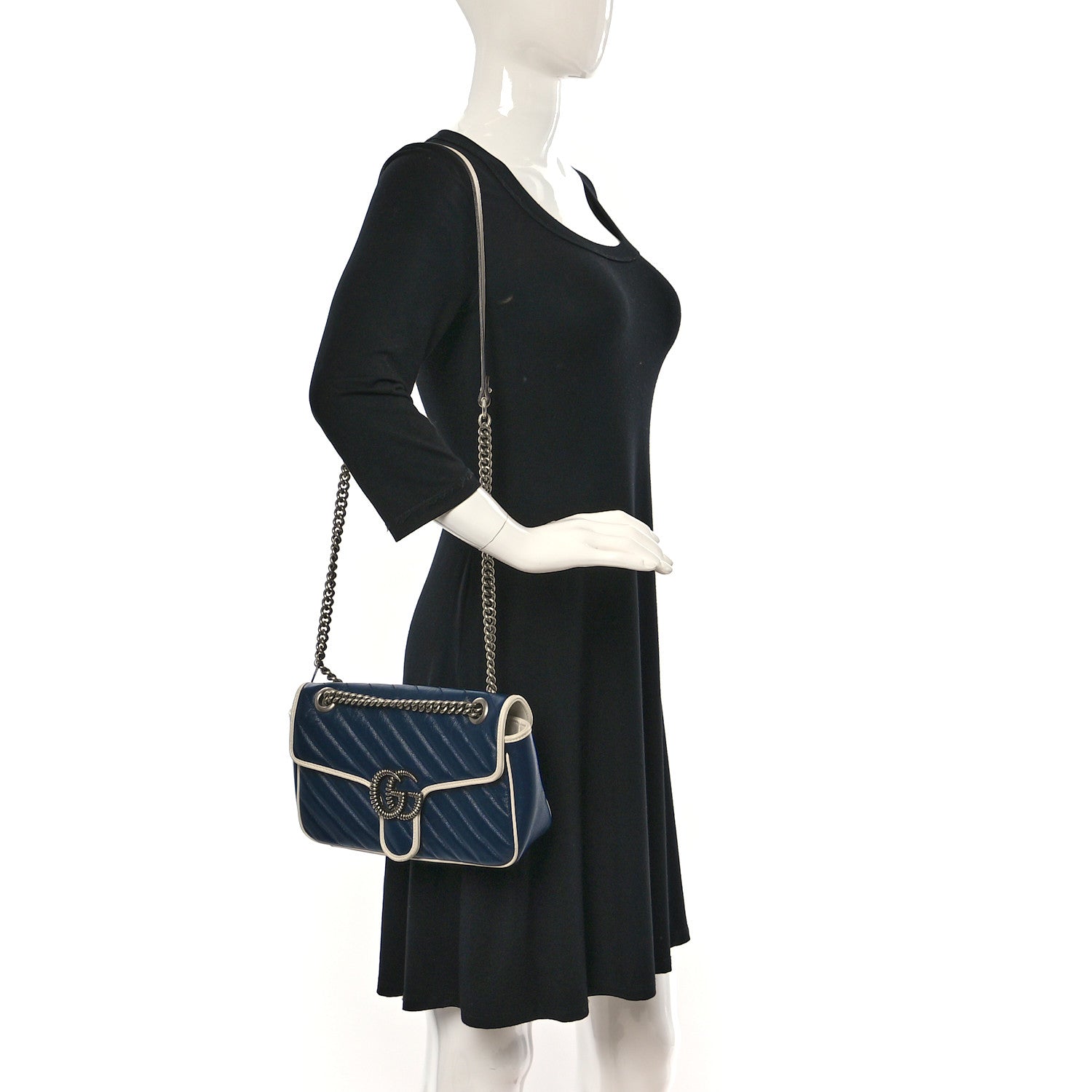 Gucci Vintage Effect Calfskin Matelasse Diagonal Small Torchon GG Marmont Shoulder Bag Blue Agata Mystic White 2 of 12