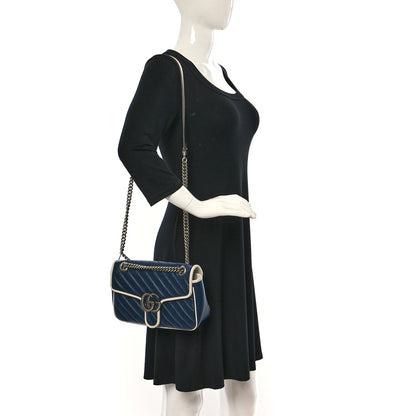 Gucci Vintage Effect Calfskin Matelasse Diagonal Small Torchon GG Marmont Shoulder Bag Blue Agata Mystic White 2 of 12