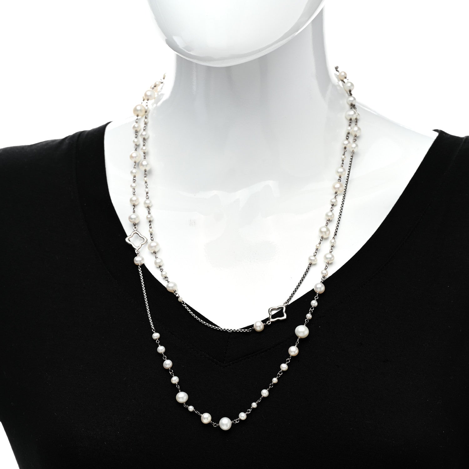 David Yurman Sterling Silver Pearl 9mm Quatrefoil Long Chain Necklace 2 of 6